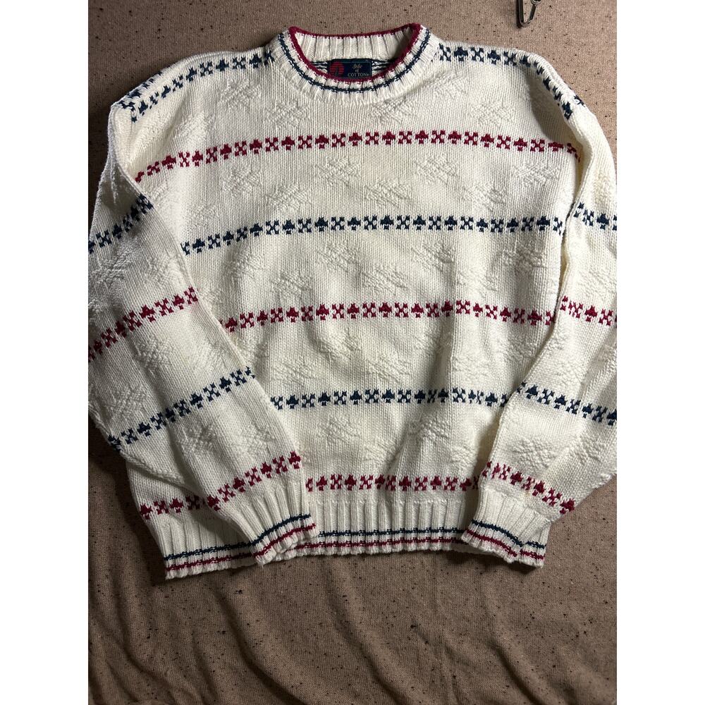 Vintage Isle of Cotton Men’s XL White Snowflake Sweater Red Blue Stripes 90s Y2k